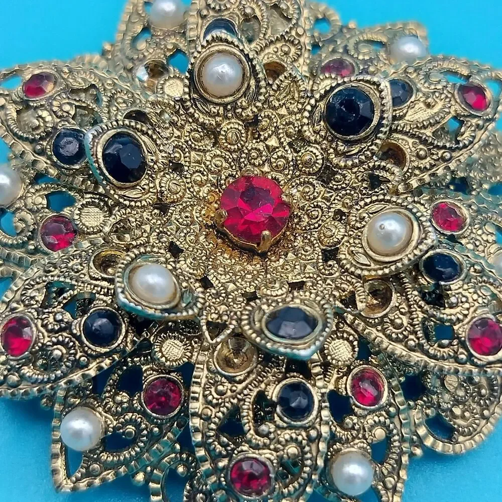 W. GERMANY Ornate Filigree Flower Brooch Pin 1.75